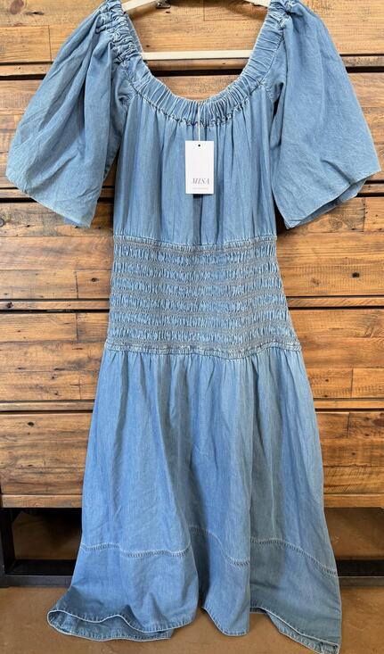 Misa Los Angeles Dresses & Skirts - Misa Los Angeles Dress Womens Medium Blue Denim Smocked Puff Sleeve Midi NWT